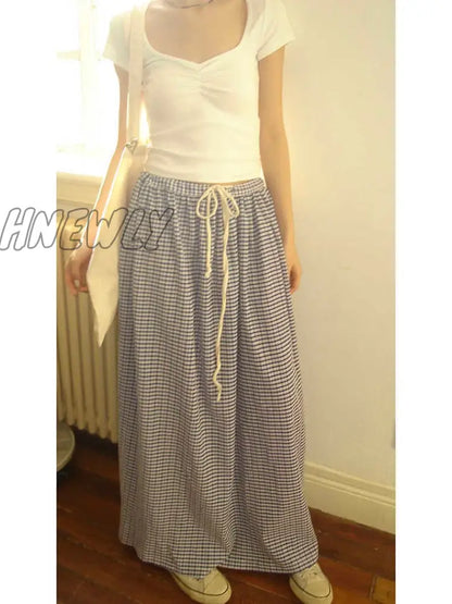 xsrrr Korean Style Plaid Skirt Long Women Blue High Waist A-line Folds Lace-up Casual Fashion Maxi Skirt Summer Beach Girl