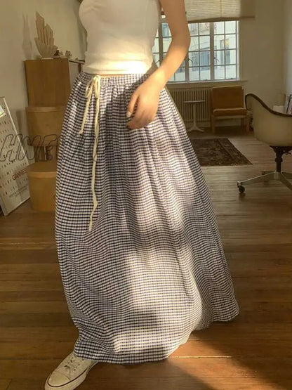 xsrrr Korean Style Plaid Skirt Long Women Blue High Waist A-line Folds Lace-up Casual Fashion Maxi Skirt Summer Beach Girl