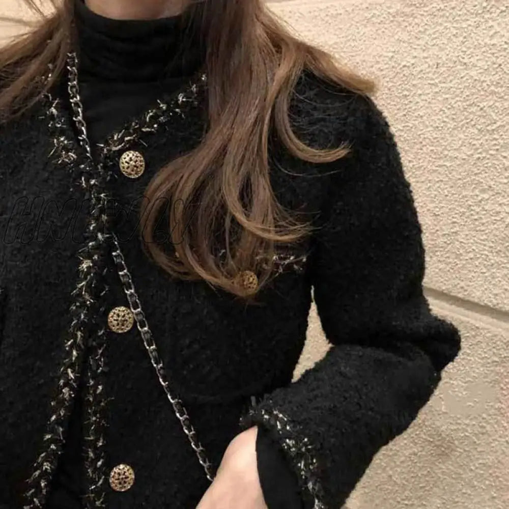 Hnewly Korean Style Tweed jackets Women Elegant Blend Wool Coat With Pockets Female Autumn Single Breasted Outwear Office Lady