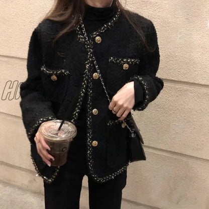 Hnewly Korean Style Tweed jackets Women Elegant Blend Wool Coat With Pockets Female Autumn Single Breasted Outwear Office Lady