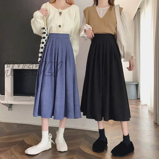 Hnewly Korean Style Women's Midi Skirt Autumn High-Waisted Corduroy Long Skirt Women College Style Pleated A-Line Skirts