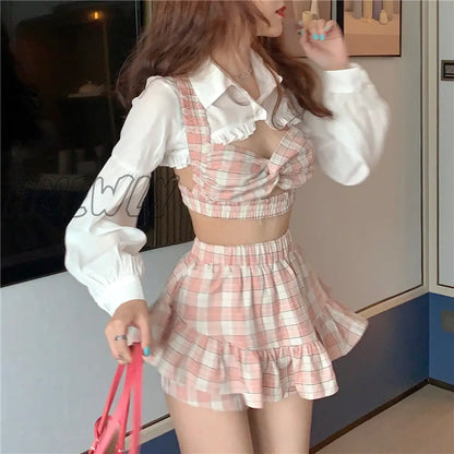 xsrrr Korean Summer Fashion Outfit Sexy Short Ruffles Shirt Plaid Bow Suspender Mini Elastic High Waist Skirt Vacation Three-Piece Set