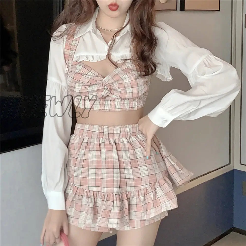 xsrrr Korean Summer Fashion Outfit Sexy Short Ruffles Shirt Plaid Bow Suspender Mini Elastic High Waist Skirt Vacation Three-Piece Set