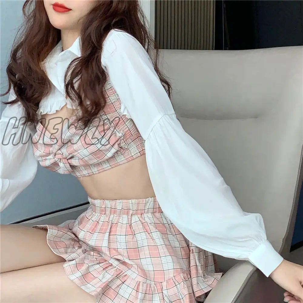 xsrrr Korean Summer Fashion Outfit Sexy Short Ruffles Shirt Plaid Bow Suspender Mini Elastic High Waist Skirt Vacation Three-Piece Set