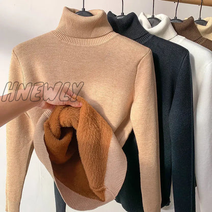 xsrrr Korean Turtleneck Slim Thicken Plus Velvet Sweater Woman Winter Knitted Pullovers Casual Fleece Lined Warm Knitwear Tops