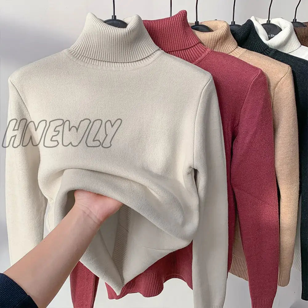 xsrrr Korean Turtleneck Slim Thicken Plus Velvet Sweater Woman Winter Knitted Pullovers Casual Fleece Lined Warm Knitwear Tops