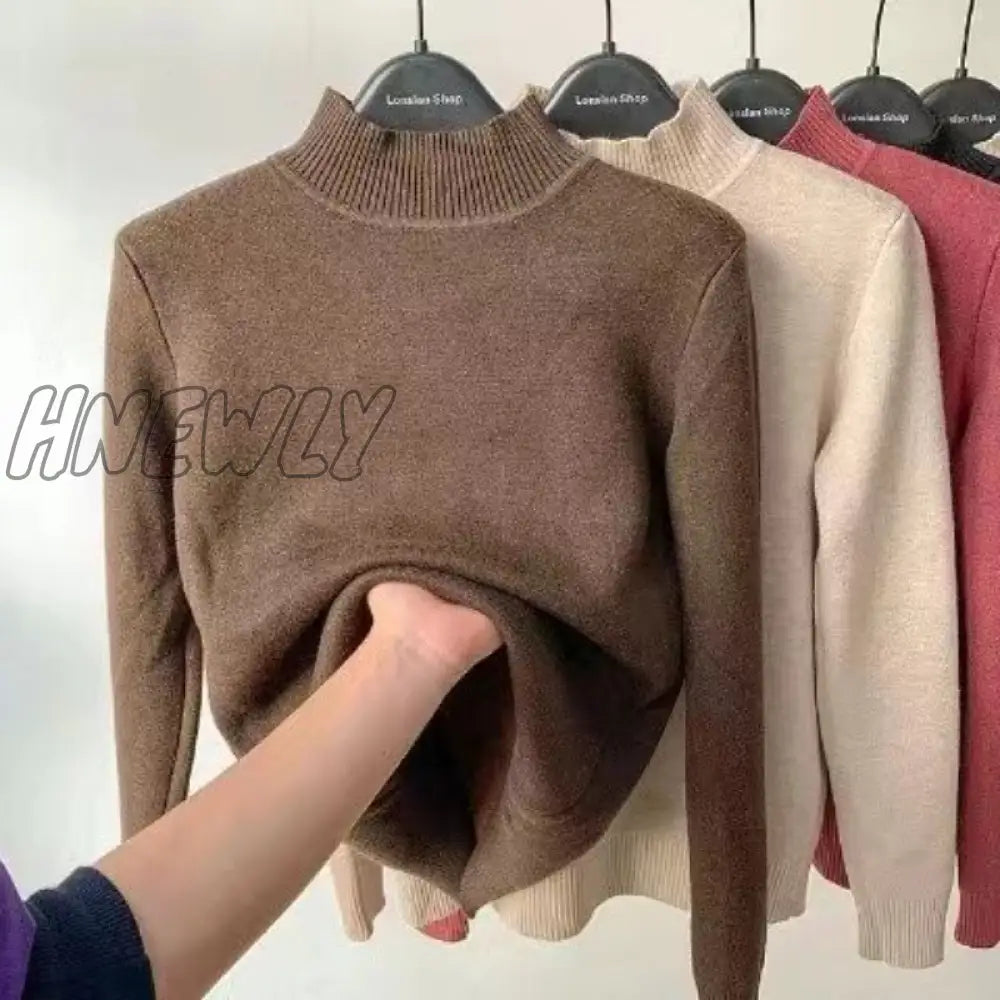 xsrrr Korean Turtleneck Slim Thicken Plus Velvet Sweater Woman Winter Knitted Pullovers Casual Fleece Lined Warm Knitwear Tops