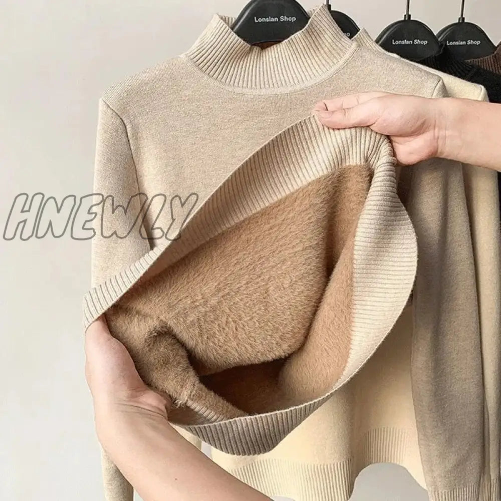 xsrrr Korean Turtleneck Slim Thicken Plus Velvet Sweater Woman Winter Knitted Pullovers Casual Fleece Lined Warm Knitwear Tops