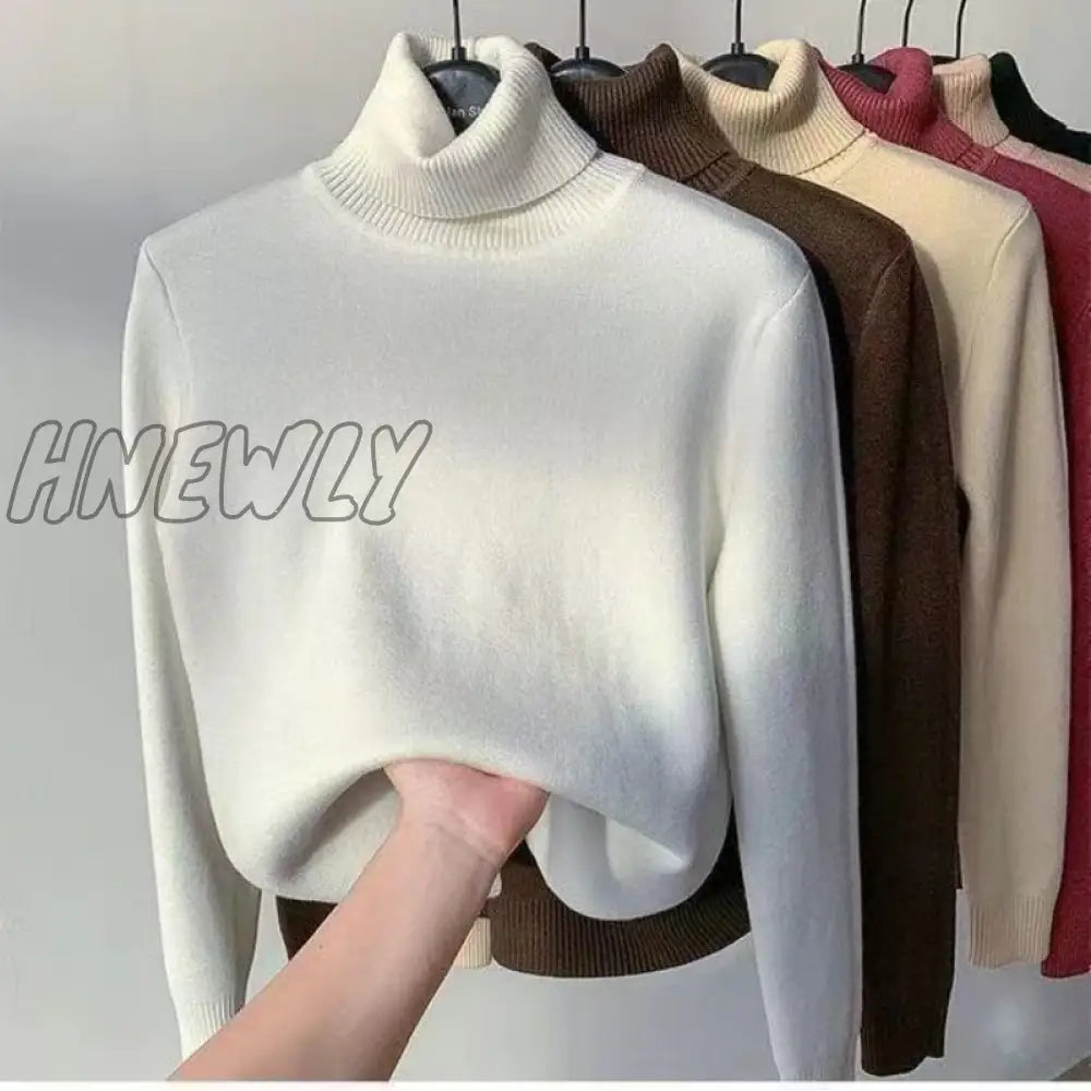 xsrrr Korean Turtleneck Slim Thicken Plus Velvet Sweater Woman Winter Knitted Pullovers Casual Fleece Lined Warm Knitwear Tops