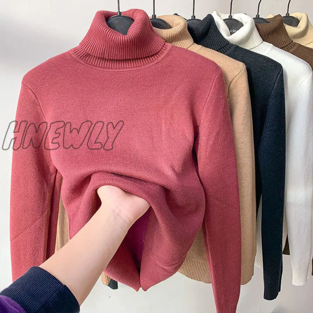 xsrrr Korean Turtleneck Slim Thicken Plus Velvet Sweater Woman Winter Knitted Pullovers Casual Fleece Lined Warm Knitwear Tops