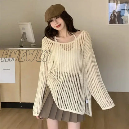 xsrrr Korean Version Thin Hollow Long Sleeve Knitted Cardigan Women Spring Summer Design Niche Short Tops Loose Sexy