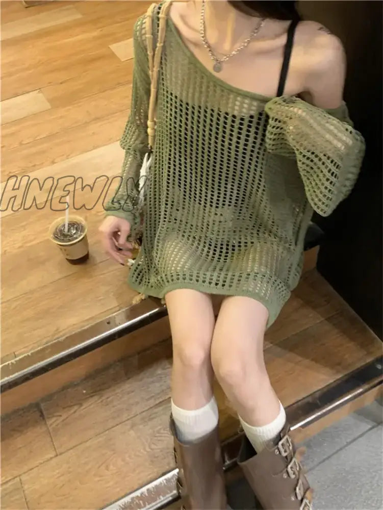 xsrrr Korean Version Thin Hollow Long Sleeve Knitted Cardigan Women Spring Summer Design Niche Short Tops Loose Sexy