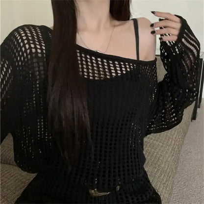 xsrrr Korean Version Thin Hollow Long Sleeve Knitted Cardigan Women Spring Summer Design Niche Short Tops Loose Sexy