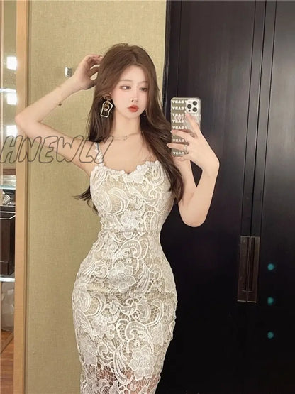 xsrrr Lace Hollow Out Spaghetti Strap Dress Women Split V Neck  Spring Summer Sexy Mini Dresses Party Fashion Elegant