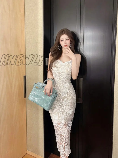 xsrrr Lace Hollow Out Spaghetti Strap Dress Women Split V Neck  Spring Summer Sexy Mini Dresses Party Fashion Elegant