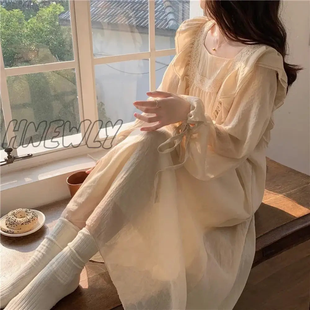 Hnewly Lace Nightgown Sleepwear Womens Korean Ruffles Night Dress Lace One Piece Pajamas Autumn Long Sleeve Square Collar Home Wear New