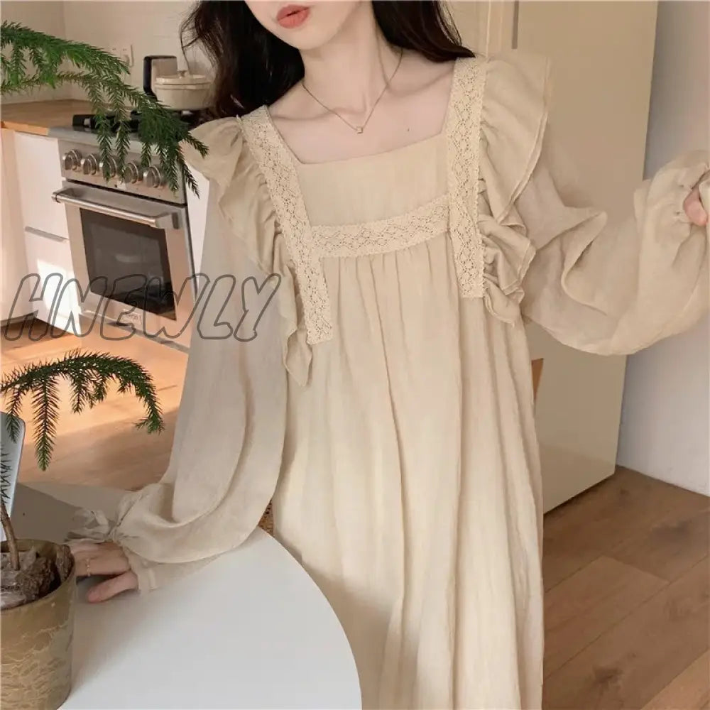 Hnewly Lace Nightgown Sleepwear Womens Korean Ruffles Night Dress Lace One Piece Pajamas Autumn Long Sleeve Square Collar Home Wear New