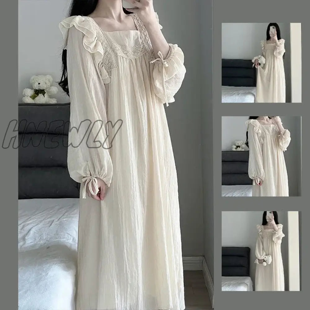 Hnewly Lace Nightgown Sleepwear Womens Korean Ruffles Night Dress Lace One Piece Pajamas Autumn Long Sleeve Square Collar Home Wear New