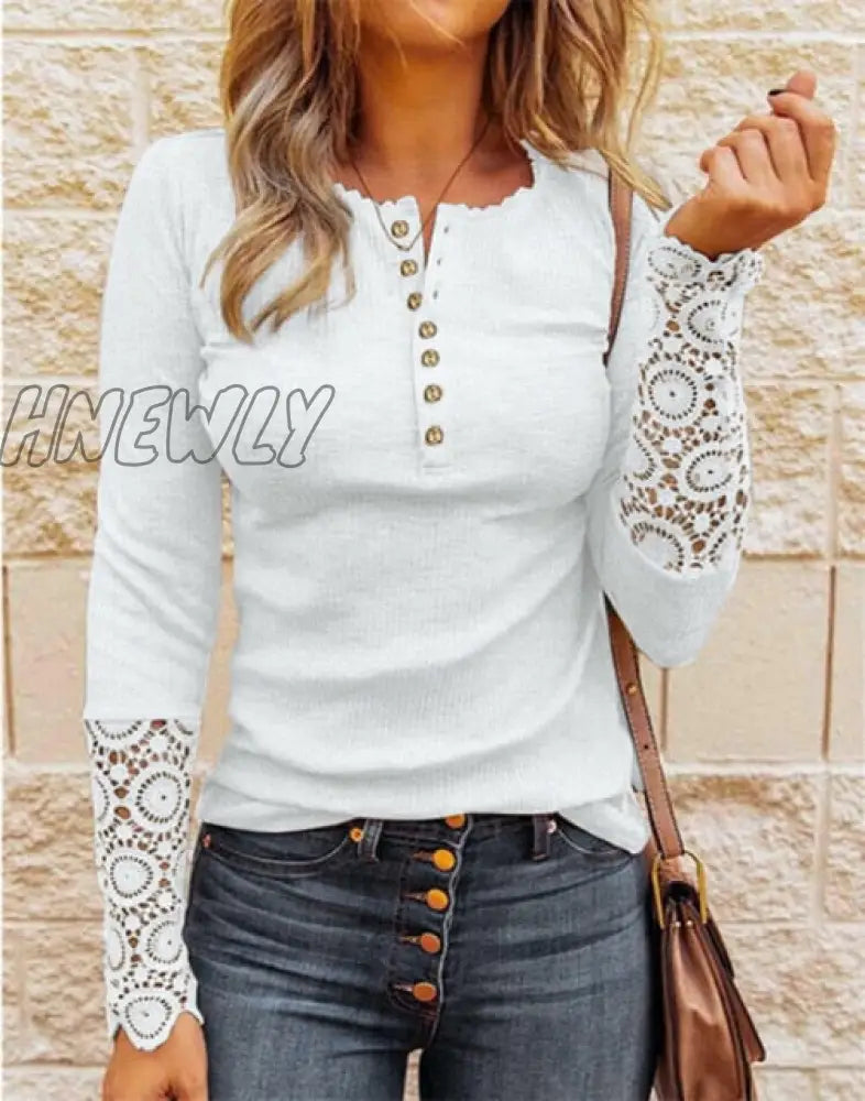 xsrrr Lace Splicing Top Long Sleeve T Shirt Woman Button Slim Tops Tee Autumn Spring Patchwork Sleeve T-shirt Women Sexy Streetwear