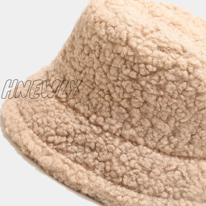 Hnewly Lamb Faux Fur Bucket Hat Winter Warm Teddy Velvet Hats Caps For Women Lady Outdoor Panama Fisherman Hat