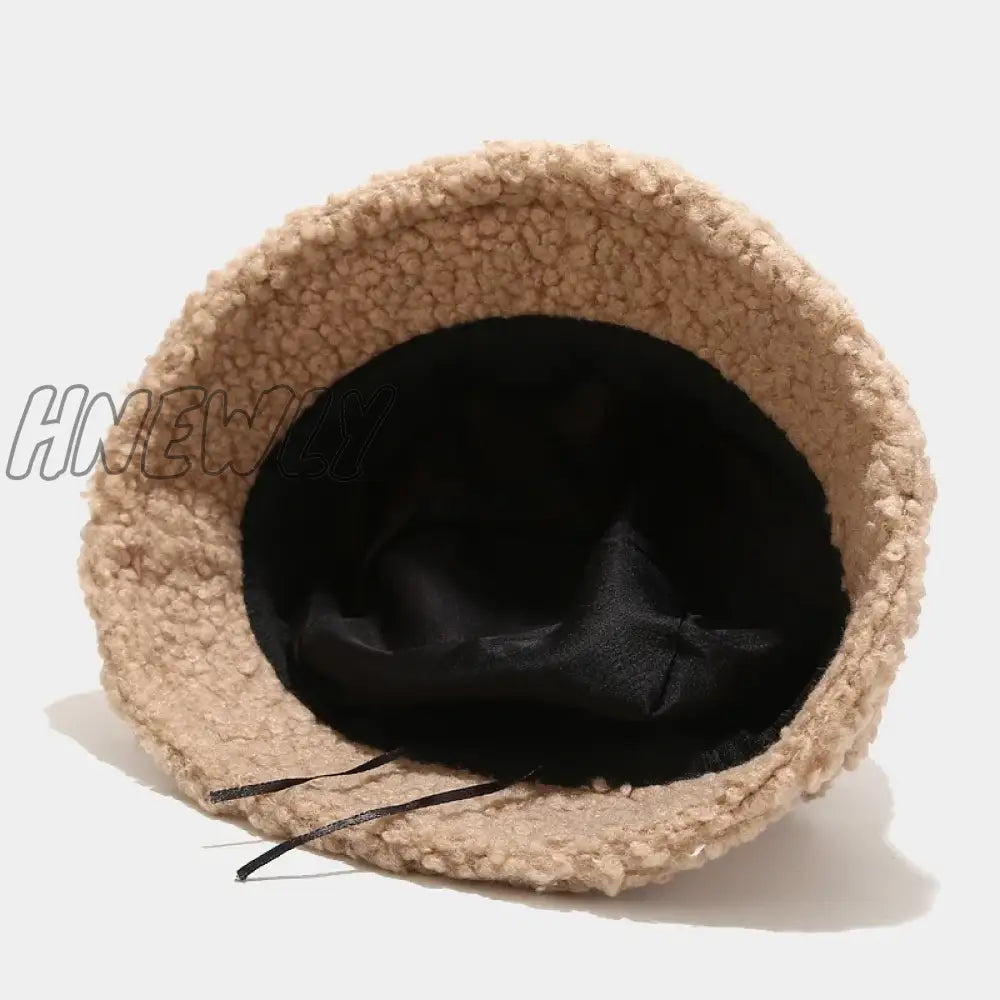 Hnewly Lamb Faux Fur Bucket Hat Winter Warm Teddy Velvet Hats Caps For Women Lady Outdoor Panama Fisherman Hat