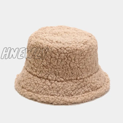 Hnewly Lamb Faux Fur Bucket Hat Winter Warm Teddy Velvet Hats Caps For Women Lady Outdoor Panama Fisherman Hat