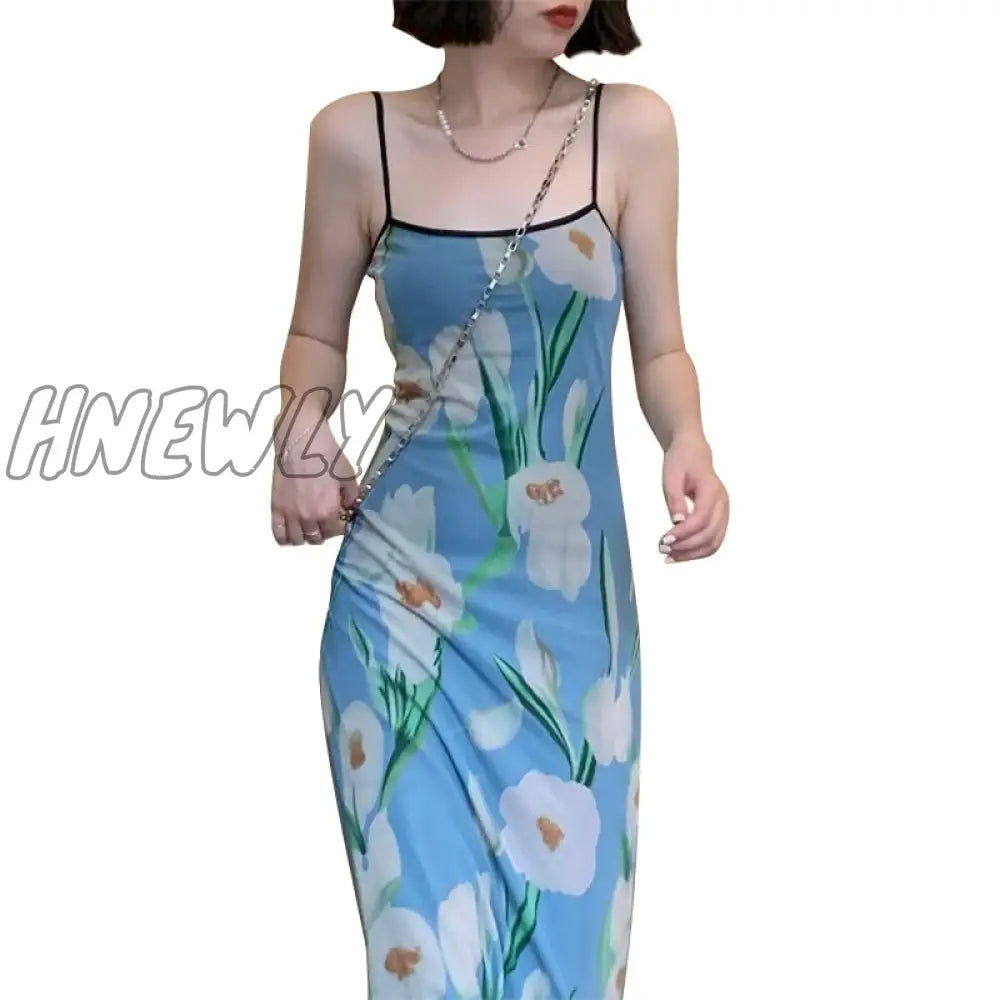 xsrrr Latest Arrival Summer Women'S Fashion Square Neck Sexy Sling Dress Fashion Floral Print Korean Tight Light Blue Dress