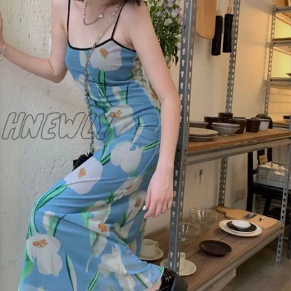 xsrrr Latest Arrival Summer Women'S Fashion Square Neck Sexy Sling Dress Fashion Floral Print Korean Tight Light Blue Dress