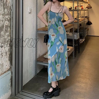 xsrrr Latest Arrival Summer Women'S Fashion Square Neck Sexy Sling Dress Fashion Floral Print Korean Tight Light Blue Dress