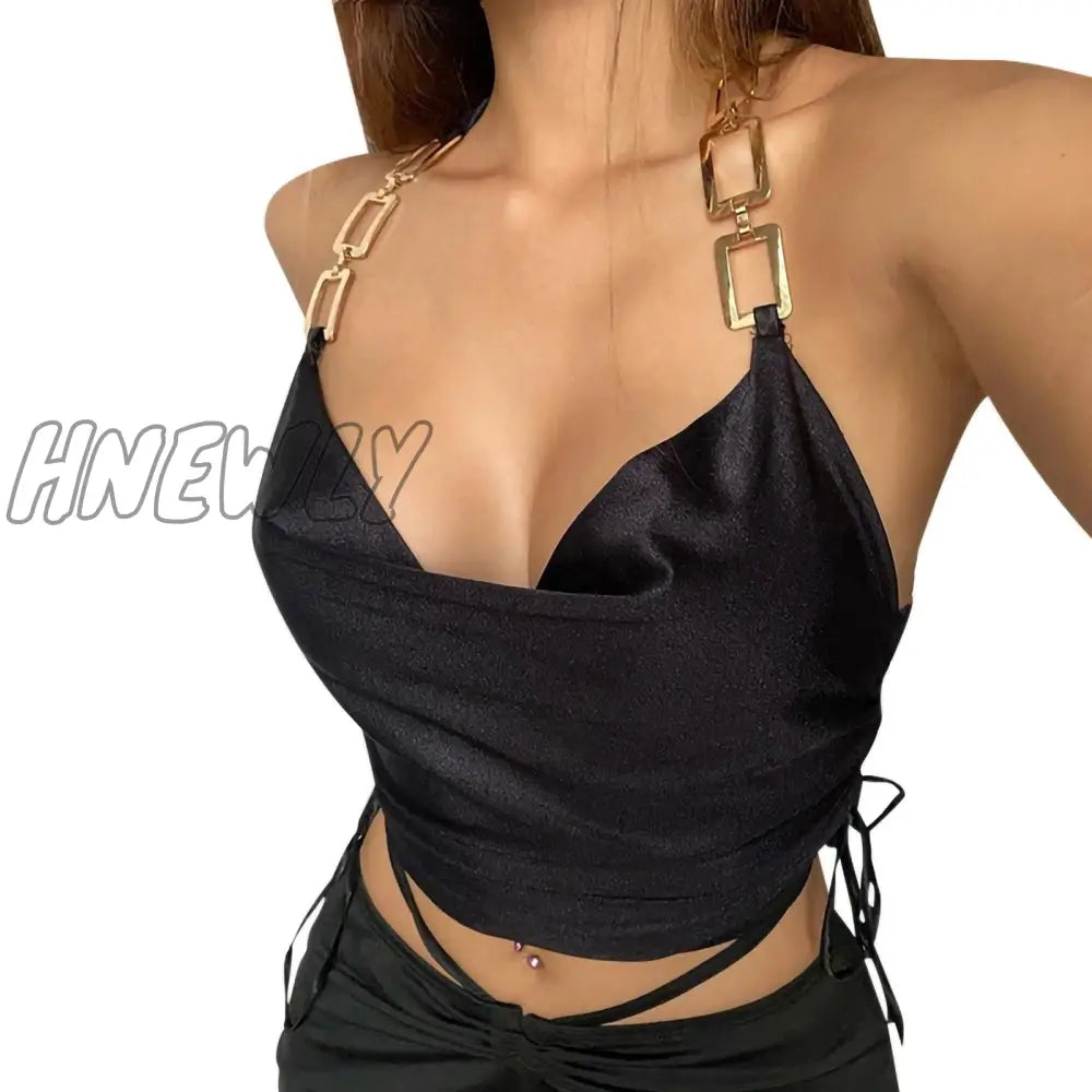 Hnewly Latest Fashion Satin Chain Open Back Cropped Top Women Summer Sleeveless Open Back Drawstring Ruffled Women's Club Y2k