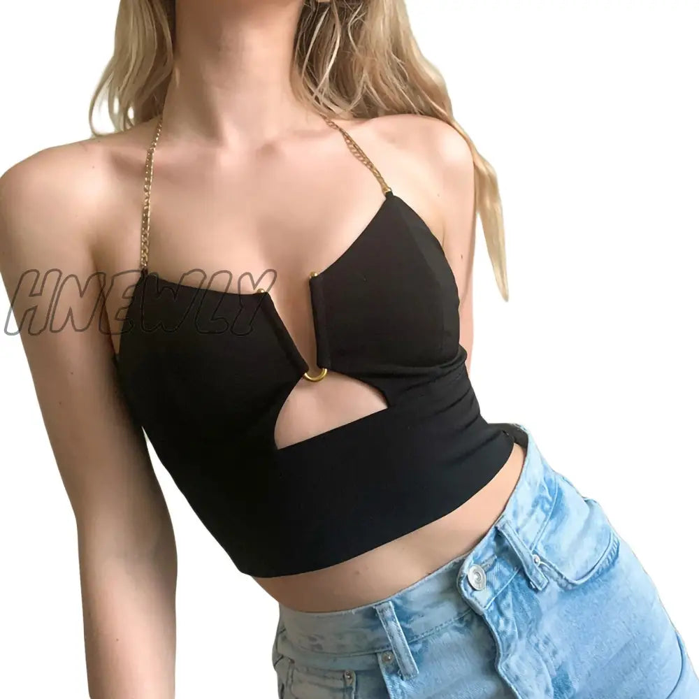 Hnewly Latest Fashion Satin Chain Open Back Cropped Top Women Summer Sleeveless Open Back Drawstring Ruffled Women's Club Y2k