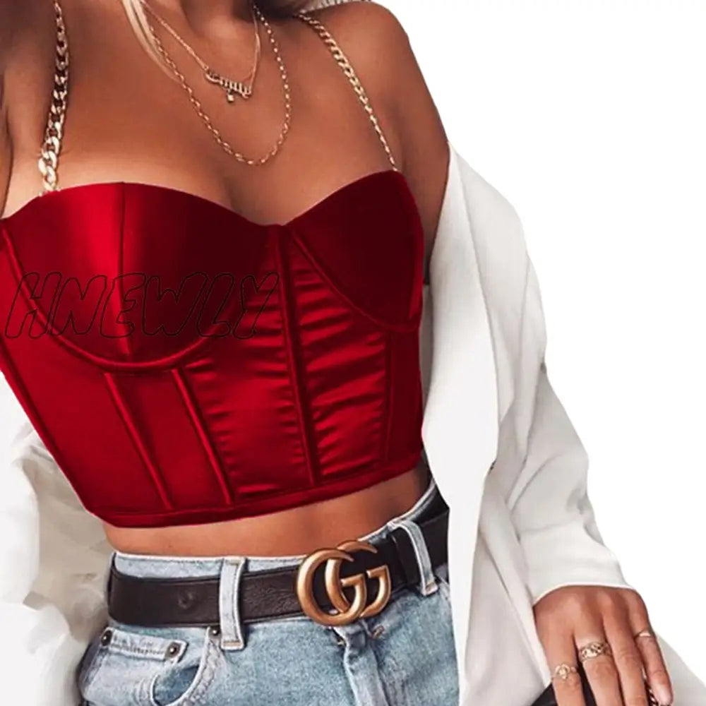 Hnewly Latest Fashion Satin Chain Open Back Cropped Top Women Summer Sleeveless Open Back Drawstring Ruffled Women's Club Y2k