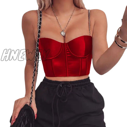 Hnewly Latest Fashion Satin Chain Open Back Cropped Top Women Summer Sleeveless Open Back Drawstring Ruffled Women's Club Y2k