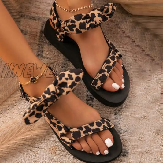 xsrrr - Leopard Print Casual Patchwork With Bow Round Comfortable Shoes