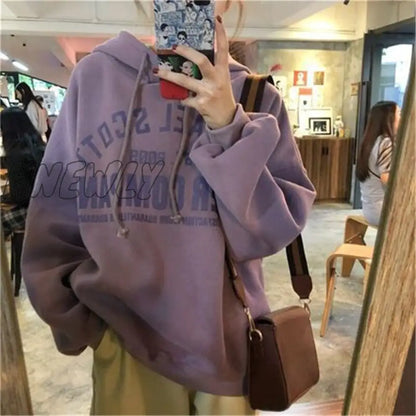 Hnewly Letter Printed Hooded Sweatshirt Women Autumn Winter Warm Korean Loose Hooded Pullovers Korean Loose Long Sleeve Hoodiesv Winter Street Style