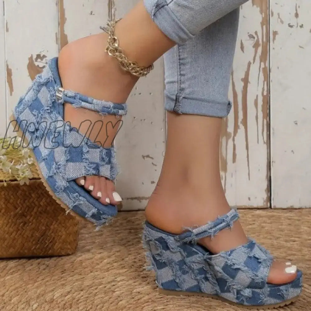 xsrrr - Light Blue Casual Patchwork Fish Mouth Out Door Wedges Shoes