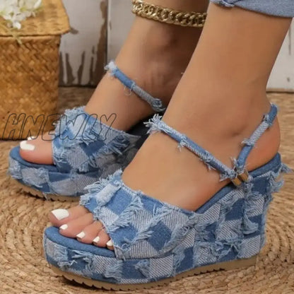 xsrrr - Light Blue Casual Patchwork Fish Mouth Out Door Wedges Shoes