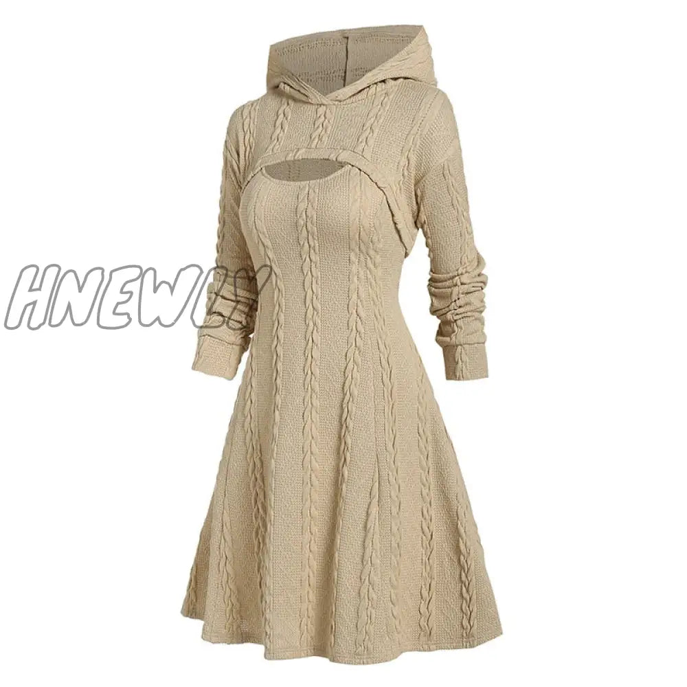 Hnewly Light Yellow Autumn Winter Fashion Long Sleeve Cable Knit Arm Mini Sweater A Line Dress For Women