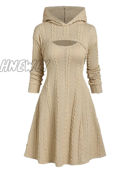 Hnewly Light Yellow Autumn Winter Fashion Long Sleeve Cable Knit Arm Mini Sweater A Line Dress For Women