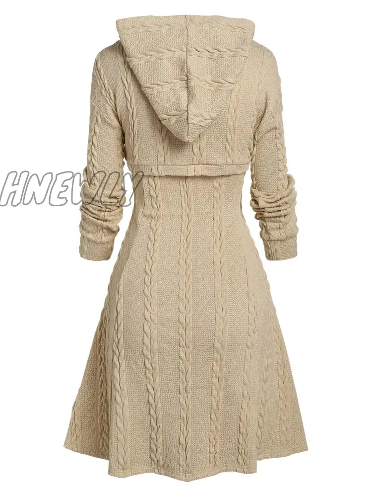 Hnewly Light Yellow Autumn Winter Fashion Long Sleeve Cable Knit Arm Mini Sweater A Line Dress For Women