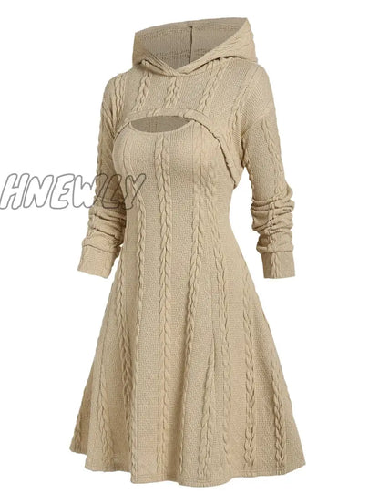 Hnewly Light Yellow Autumn Winter Fashion Long Sleeve Cable Knit Arm Mini Sweater A Line Dress For Women