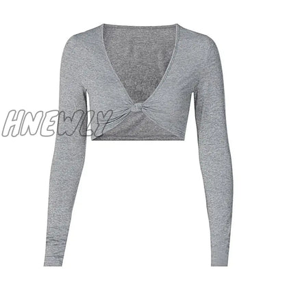 xsrrr Long Sleeve Deep V-Neck Knot Sexy Crop Top Club Wear Autumn Winter Women Basic Skinny Tshirts Cropped Tees Pink Street Wear