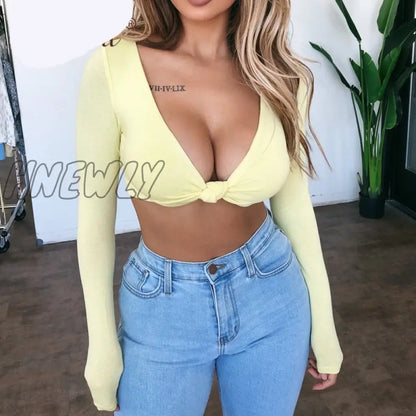 xsrrr Long Sleeve Deep V-Neck Knot Sexy Crop Top Club Wear Autumn Winter Women Basic Skinny Tshirts Cropped Tees Pink Street Wear