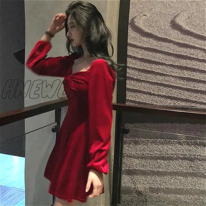 xsrrr Long Sleeve Dress Women Square-collar Bow Elegant Backless Mini A-line Velvet-fabric Fashion Retro Womens Vestidos Chic Trendy Trendy Christmas Outfits