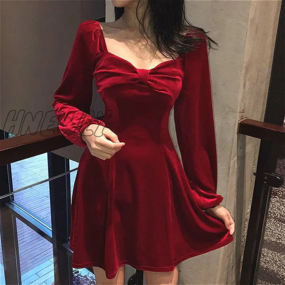 xsrrr Long Sleeve Dress Women Square-collar Bow Elegant Backless Mini A-line Velvet-fabric Fashion Retro Womens Vestidos Chic Trendy Trendy Christmas Outfits