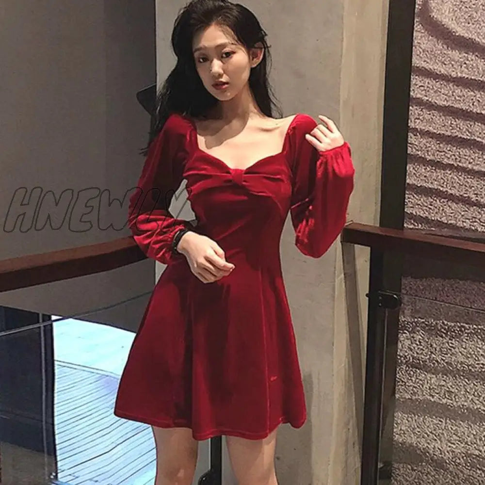 xsrrr Long Sleeve Dress Women Square-collar Bow Elegant Backless Mini A-line Velvet-fabric Fashion Retro Womens Vestidos Chic Trendy Trendy Christmas Outfits