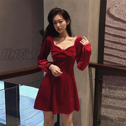 xsrrr Long Sleeve Dress Women Square-collar Bow Elegant Backless Mini A-line Velvet-fabric Fashion Retro Womens Vestidos Chic Trendy Trendy Christmas Outfits