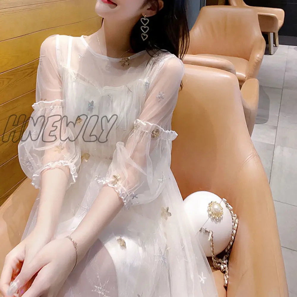 xsrrr Long Sleeve Dresses Women Holiday Summer Elegant Gauze Ankle-length Sweet Fashion Korean Sundress Ladies Платье Женское Clothes