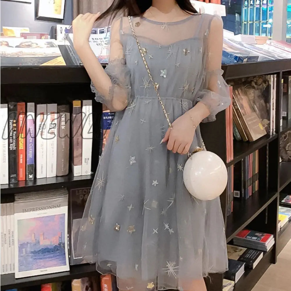 xsrrr Long Sleeve Dresses Women Holiday Summer Elegant Gauze Ankle-length Sweet Fashion Korean Sundress Ladies Платье Женское Clothes