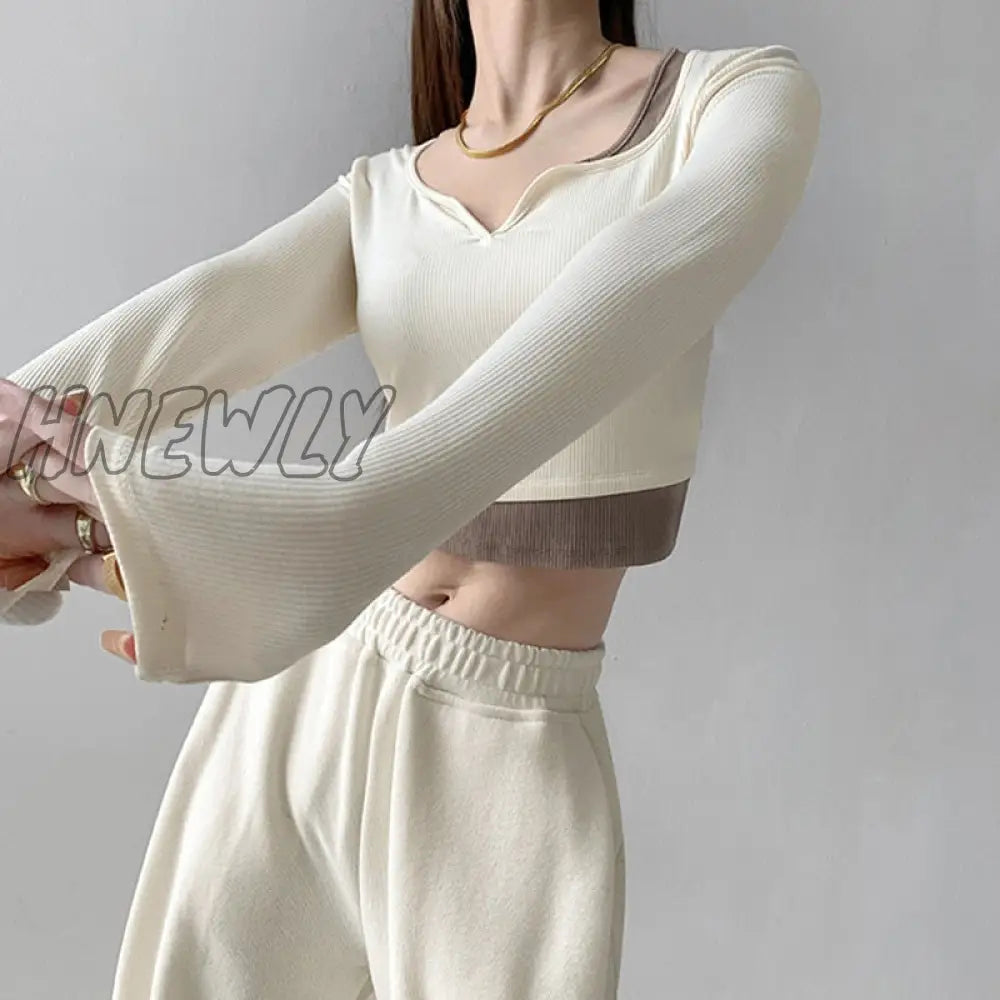 Hnewly Long Sleeve Elegant Girl T Shirt Thin Slim Y2k Crop Tops Women Korean Fashion Clothing Elegant Blouse Office Lady Autumn